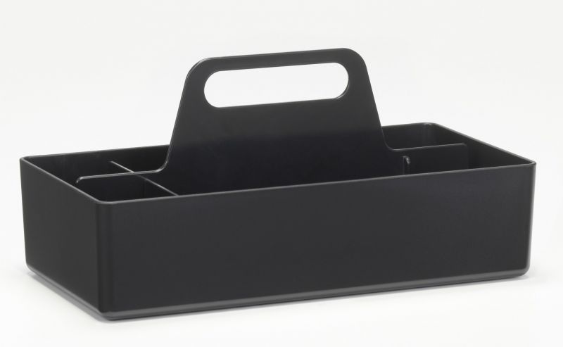 Dunkelgraue Vitra Toolbox RE, eine praktische Organisationsbox mit Tragegriff für Büro, Werkstatt oder Zuhause.